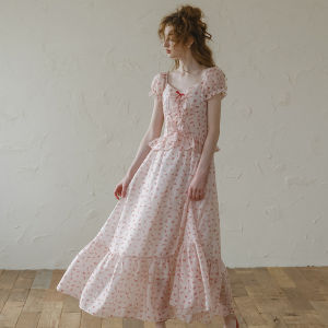 Slimming French Polka Dot Butterfly Knot Tea Break Skirt High Waist Bell Sleeve A-Line Dress Womens Summer New Style