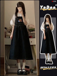 Váy Denim Mini Dễ Thương Dễ Thương Phong Cách Nhật Bản Mùa Hè 2025 Bộ Đồ Nhỏ Mới Váy Midi Chữ a Không Tay Họa Tiết Hoạt Hình