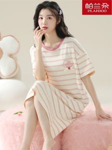 PLANDOO Pure ผ้าฝ้าย แขนสั้น การ์ตูน ชุดนอน คลอดบุตร เดรส น้ำหนักเบา ฤดูร้อน ชุดราตรี ผู้หญิง นอน กระโปรง