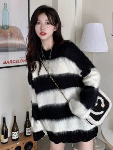 Womens Thickened Stripe Knitwear round Neck Pullover Soft Cashmere Sweater Autumn Winter New Style Loose Fit Warm Fashionable