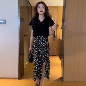 Lace Cuff Chiffon Blouse and Floral Skirt Set Summer Wear