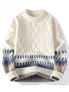 ROMON | Lomond Mens Fleece Lined Knitwear Winter New Half High Collar Warm Inner Floral Knitted Base Shirt Upper Clothes