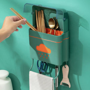 Kitchen Wall-Mounted Dustproof Chopsticks Holder New Style Spoon Storage Rack Drainage Basket Utensil Organizer Plastic Material