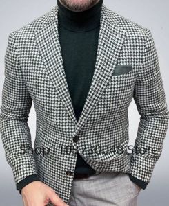 Mens Houndstooth Suit Jacket Formal Notch Lapel Blazer Two Buttons Woolen Coat for Party Prom Business Tuxedo One Piece Coat