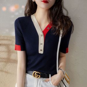 Outlet Brand Clearance French Color Block Short Sleeve V Neck Ice Silk Knitted Top Women Summer Versatile T Shirt