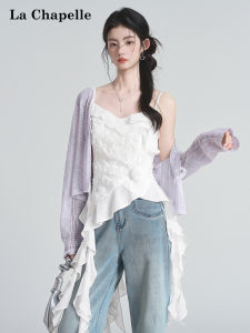 La Chapelle | French Vacation Style 3D Flower Sleeveless Camisole Irregular Ruffled Draped Top