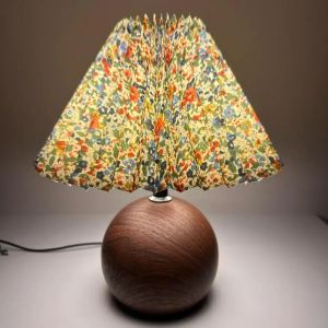 Tricolor LED Bedside Table Lamp Cute Small Pleated Lamps for Nightstand Circular Walnut Ambient Light USB Bedroom Decoration Night Light