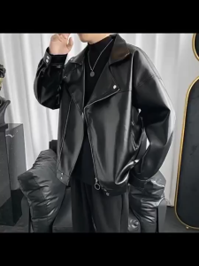 เสื้อแจ็กเก็ตหนัง ซิปหน้า กันลม กันน้ำ สวมใส่สบาย ผ้าดีคัตติ่งเนียบ แจ็คเก็ตหนังสไตล์เกาหลีเข้ารูป ยูนิเซ็กส์ PY81159