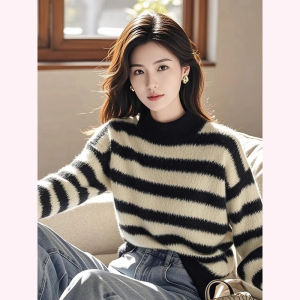 Ladies round Neck Knitted Sweater Striped Base Layer Top Soft Warm High Collar Autumn Winter Fashion Commute Loose Fit Long Sleeve