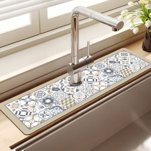 VIKAMA Blue and Gold Vintage Floral Tile Sink Drain Mat – Non-Slip Quick-Drying Kitchen Faucet Countertop Absorbent Mat