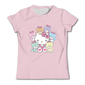 Hello Kitty แฟชั่นสาวน่ารักผ้าฝ้ายแท้พิมพ์เสื้อยืดแขนสั้น Super Mario Girls เสื้อยืดแขนสั้น