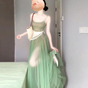 CHANGTONG | French Style Summer Dopaamine Beach Vacation Fairy Tale Lace Ultra Fairy Halter Dress Beautiful Irresistible Sea Side Gown