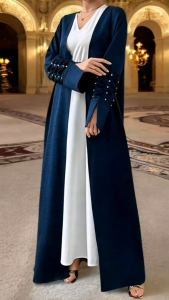 Koleksi Terbaru Fashion Muslim Gamis Abaya Bambo Silk Polos Navy dan Motif Garis Zebra Baju Muslim Eksklusif