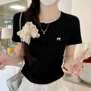 เสื้อยืดคอกลมแขนสั้นผ้าฝ้ายแท้ลายลูกไม้สไตล์เกาหลีสำหรับผู้หญิงในช่วงฤดูร้อน เสื้อสั้นเข้ารูปเอวสูงเอวตรง ทรงหลวม