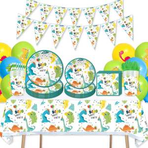 Kids Dino Birthday Party Essential Pack - Eco-Friendly Disposable Cutlery Set with Dinosaur Print Plates Cups Napkins and Tablecloth