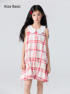Aiza basic | Sleeveless Peter Pan Collar Children Dress Checkered Drawstring Design