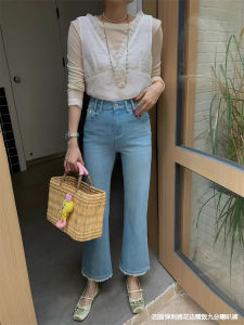 High Waist Slim Fit Casual Bell Bottom Jeans Womens Lace Trim Patchwork Autumn Wear Resilient Small Stature Casual Flared Pants