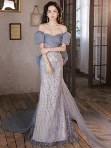 Blue Fishtail Evening Dress for Women Banquet Annual Meeting Niche Style Classy off-Shoulder Daily Party Wearable Bride Evening Gown