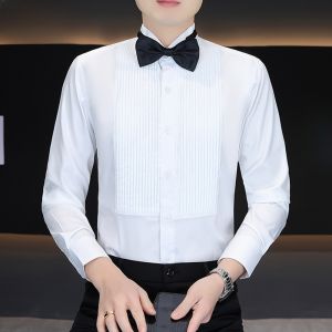 HENGYUANXIANG | เสื้อเชิ้ตแขนยาวสีขาวสำหรับผู้ชาย ทรงหลวม ไม่ต้องรีด สำหรับงานแต่งงาน ลำลอง สวมใส่สบาย แฟชั่นฤดูใบไม้ผลิ