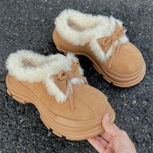 Sheepskin Fur Integrated ~ Winter Stable Uncle New Arrival Big Head Snow Boots Female Fleece-lined Thick Bottom for Outdoors Half Slippers Cotton Booties