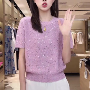 Stylish Youth-Preserving Pink Glitter Decorative Womens Knit Top
