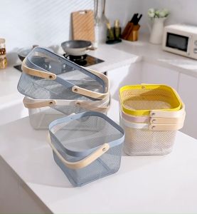 3LI สินค้าพร้อมส่ง ตะกร้าอเนกประสงค์ สีน่ารัก มีหูหิ้ว ตกแต่งสไตล์มินิมอล สีน่ารัก หูจับไม้ แข็งแรงทนทาน