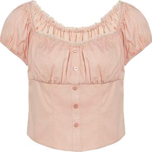 TAMMY TANGS | เสื้อเชิ้ตลายลูกไม้สีชมพูสไตล์หวานสำหรับผู้หญิงในช่วงฤดูร้อน เสื้อเชิ้ตแขนสั้นเข้ารูป ทรงเข้ารูป ปกเหลี่ยม สีพื้น