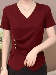 QIAOXIZI | V-Neck Slimming Short Sleeve T-Shirt for Women