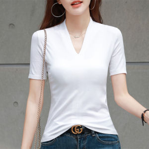 Black V-Neck Short Sleeve T-Shirt Womens Summer New Style Regular Fit Cotton Blend Moisture Wicking Classic Pattern Simple Commute