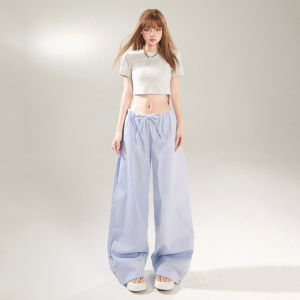 Quần Ống Rộng Kẻ Sọc Cạp Thấp Phong Cách Retro Cho Nữ Mùa Hè 2025 Quần Dài Thường Ngày Rộng Rãi Bằng Vải Cotton Pha Polyester