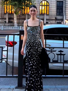 Elegant Black Sequin Belted Halter Dress Set for Important Occasions Autumn Winter High Waist Commute Style Polyester Fiber