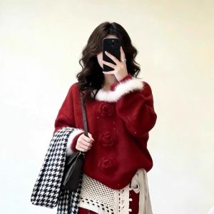 XUECAIQI | Attractive Red Tone Matching Sweater and Skirt Set