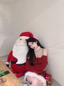 Nane Christmas Style Red Knitted One-Shoulder Sweater with Belt Thickened Fleece Plaid Mini Skirt Womens Winter Fashion