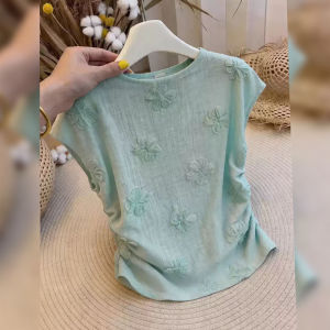 KUNAILIN | Mint Green Floral Short Sleeve Blouse Lightweight Ruffled Waist