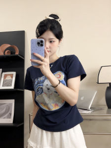 Starry Sky Puppy Printed Short Sleeve Womens T-Shirt Summer New Arrival Shoulder All-Matching Short Suitable for Yellow and Black Leather Wear Tops