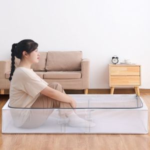 กล่องเก็บของใส 70L กล่องเก็บของแบบพับได้ โครงเหล็กเสริม กล่องเก็บของใต้เตียง PVC กันน้ำและความชื้น