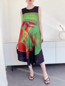 L-1054 # One Size (45-75kg) Summer Pleated Large Hem For Women Printed Irregular Loose Plus Size Sleeveless Tank Dress