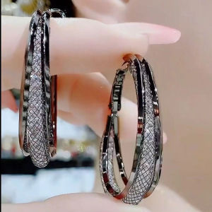 Elegant Mesh Large Hoop Earrings Silver Needle Fashion Jewelry Face Slimming Trendy Alloy Geometric Pattern for Women