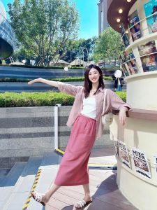 Elegant French Style Raspberry Linen High Waist Midi Skirt Womens Casual Straight Leg Slimming Long Skirt Spring Summer New Arrival