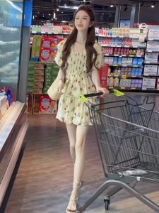 Summer Floral Print Chiffon Dress Womens Sweet Style Square Collar Slimming A-Line Skirt Commute Friendly Short Sleeve Dress