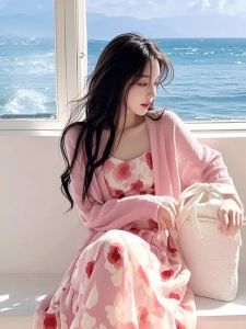 Soft Pink Floral Print Two-Piece Set Elegant French Style Spring Dress Cardigan Comfortable A-Line Silhouette Womens Fashion