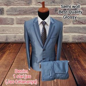 Podo Moro 1 stel jas semi woll kilap DENIM jas wedding jas nikah jas pernikahan jas kawin jas akat nikah jas pengantin jas manten jas pirwed jas almamater jas blezer jas wisuda jas slim fit jas model baru jas murah jas model korean Jas pria formal