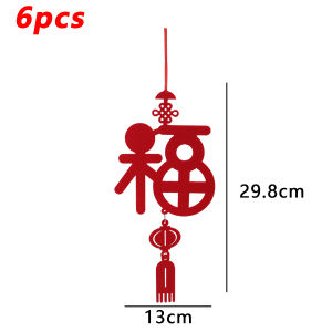 6Pcs Fu Character Ornament Chinese New Year Knot Pendants Spring Festival Red Tassel Hanging Ornaments Blessings Wall Window Door New Year Decor