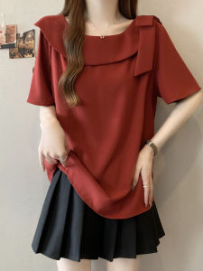 AIYITI | French Elegant Red Short Sleeve Chiffon Blouse