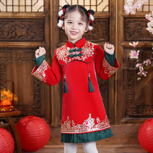 New Chinese Style Baby Girl Cheongsam Winter Clothes Traditional Hanfu New Year Visit Outfit Thickened Long Sleeve Tunic Suit