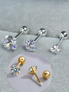999 Pure Silver Short Post Earrings Diamond Screw Back 14K Gold Plated Ear Bone Studs Sleepwear Friendly Ear Cuff Jewelry
