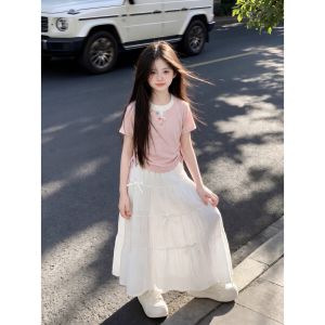 ZIRUIBABA | Girls Summer Korean Style Schoolwear White Long Dress 2 Pieces