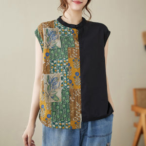 Áo Sơ Mi Không Tay in Họa Tiết Phong Cách Trung Hoa Thời Trang Cỡ Lớn Rộng Rãi Cổ Đứng Nút Áo Chất Liệu Vải Lanh Cotton Mùa Hè 2024