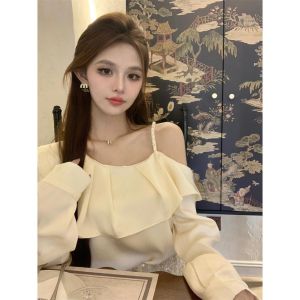 Áo Sơ Mi Nữ Tay Dài Không Đều Kiểu Pháp Vai Ngang Ngọc Trai Cổ Chéo Màu Trơn Thanh Lịch Áo Không Tay