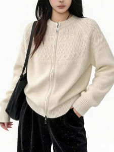 QINGNAER | Vintage Lazy Plus Size White Jacquard Double Zip Knitted Cardigan